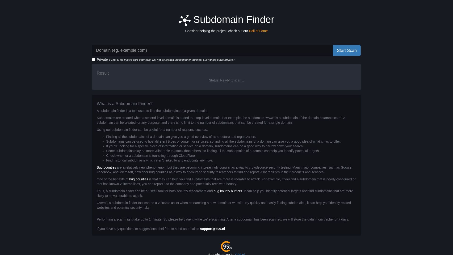 Webseitenstatus subdomainfinder.c99.nl ist   ONLINE